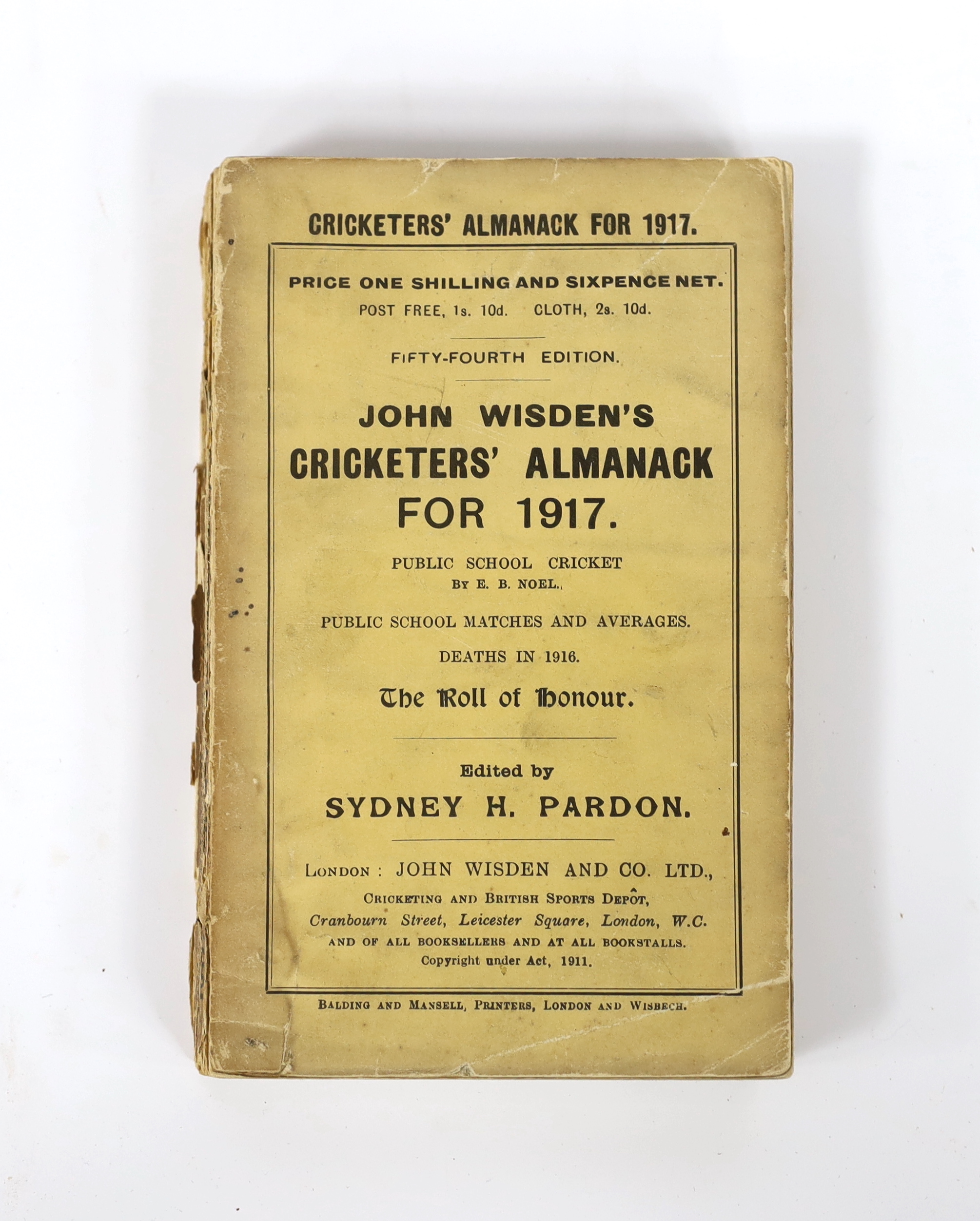 Wisden - John Wisden’s Cricketer’s Almanack for 1917, with original wrappers, spine cracked, with some loss, close tear to upper right rear cover.